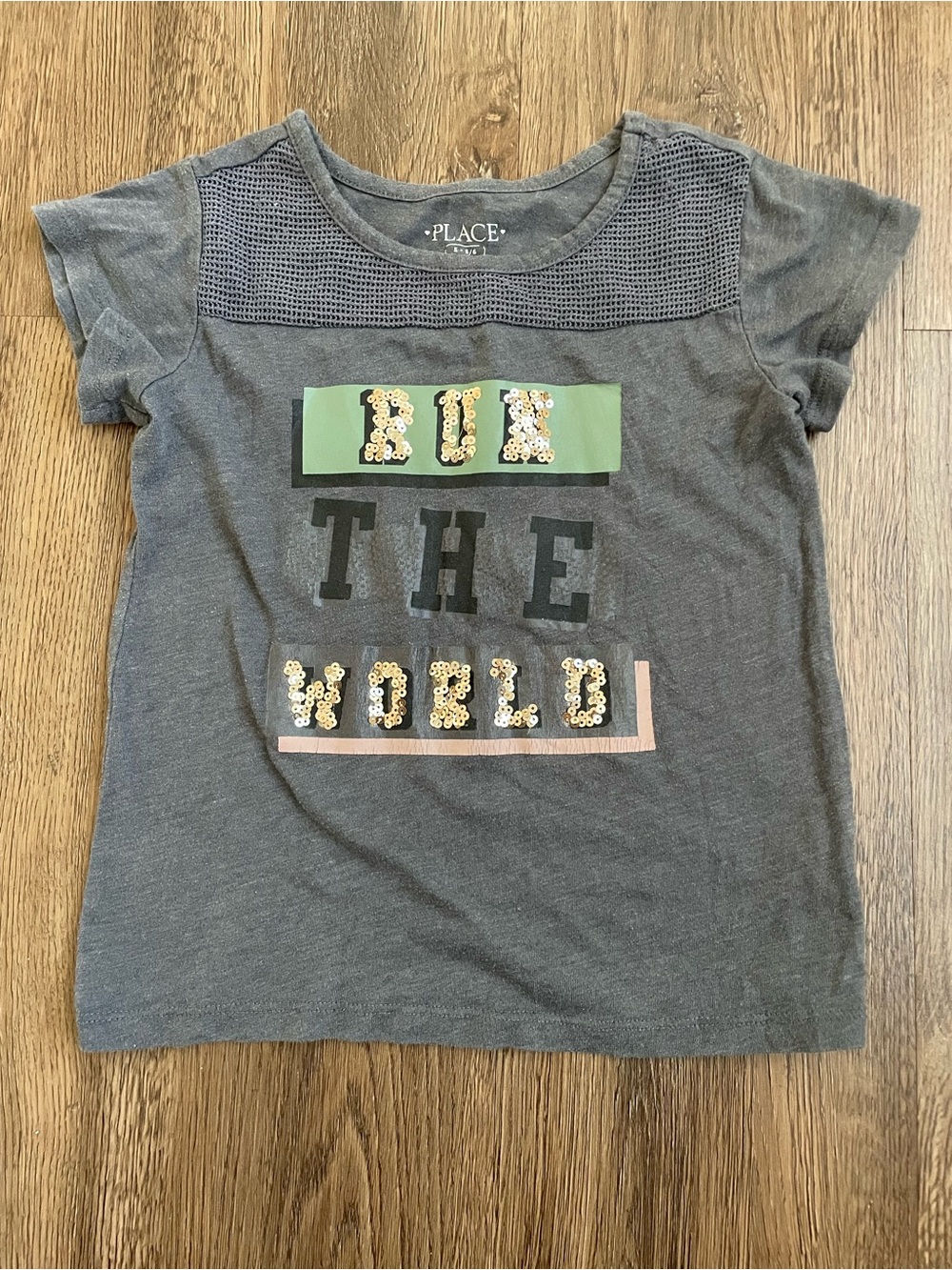 Place Gray "Run the World" Sequin Tee Girls Size S 5/6